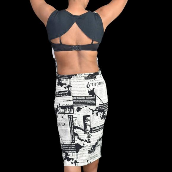 Farr Designz Newsprint Dress White Backless Newspaper Midi Stretch Jersey Large - Picture 3 of 14